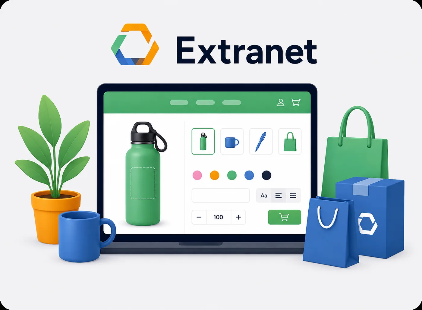 Supplier ordering platform: product configurator screen with a water bottle, colour options and quantity/price, next to a mug and tote bag